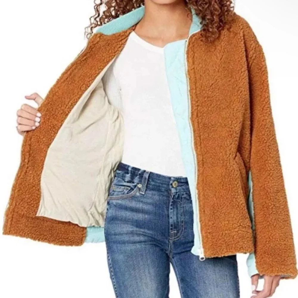 $168 Free People Teddy Bear Jacket Medium 8 10 Amber + Blue Blade Collar Pockets - Picture 7 of 16